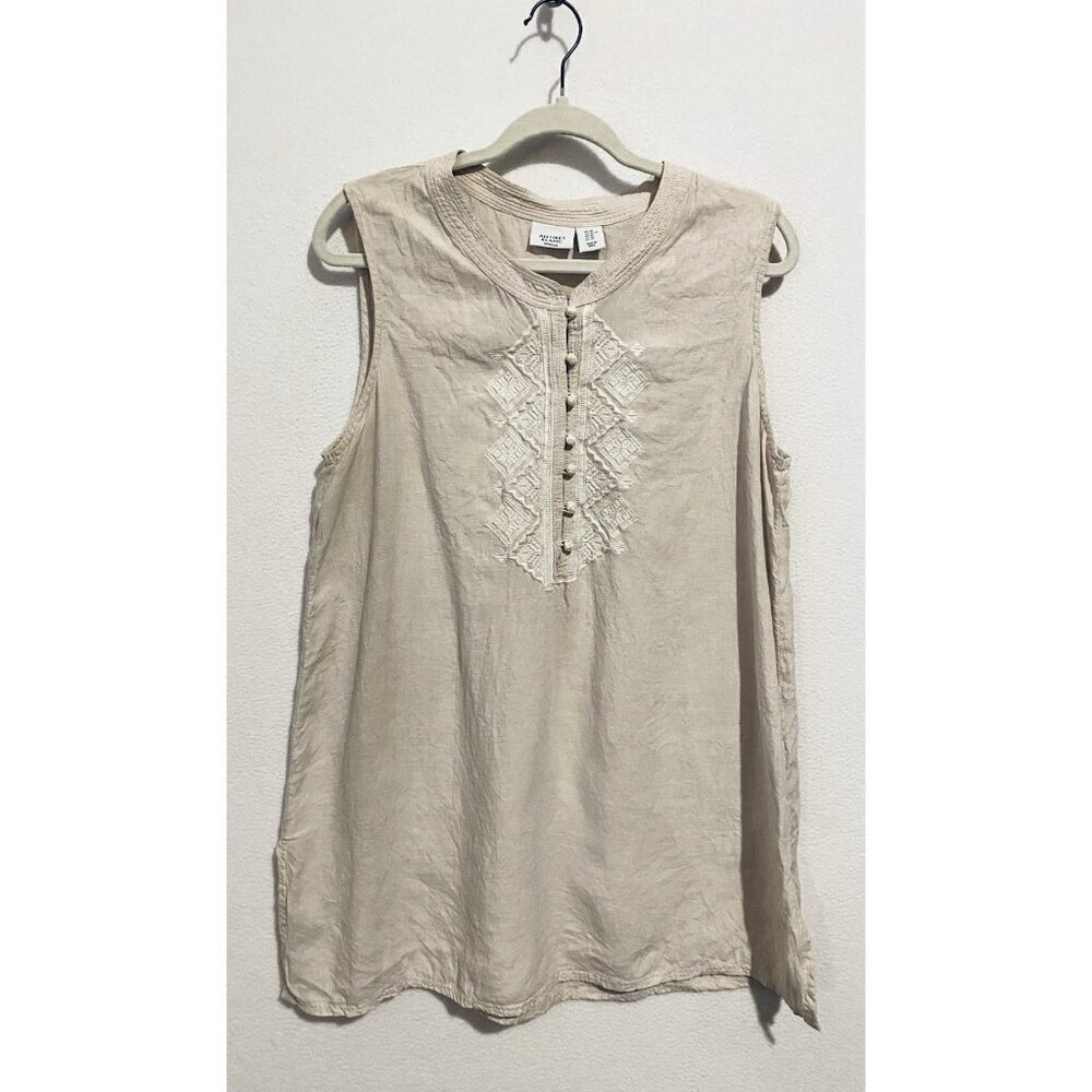 Antibes Blanc Top Womens XL Beige Embroidered Sleeveless Linen Tunic Boho